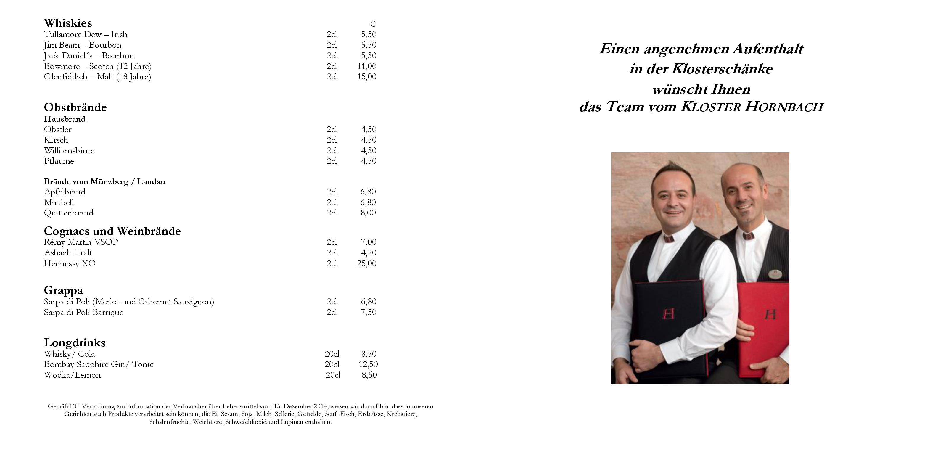 Speisekarte - Restaurant Kloster Hornbach in Hornbach - DeutschlandGourmet