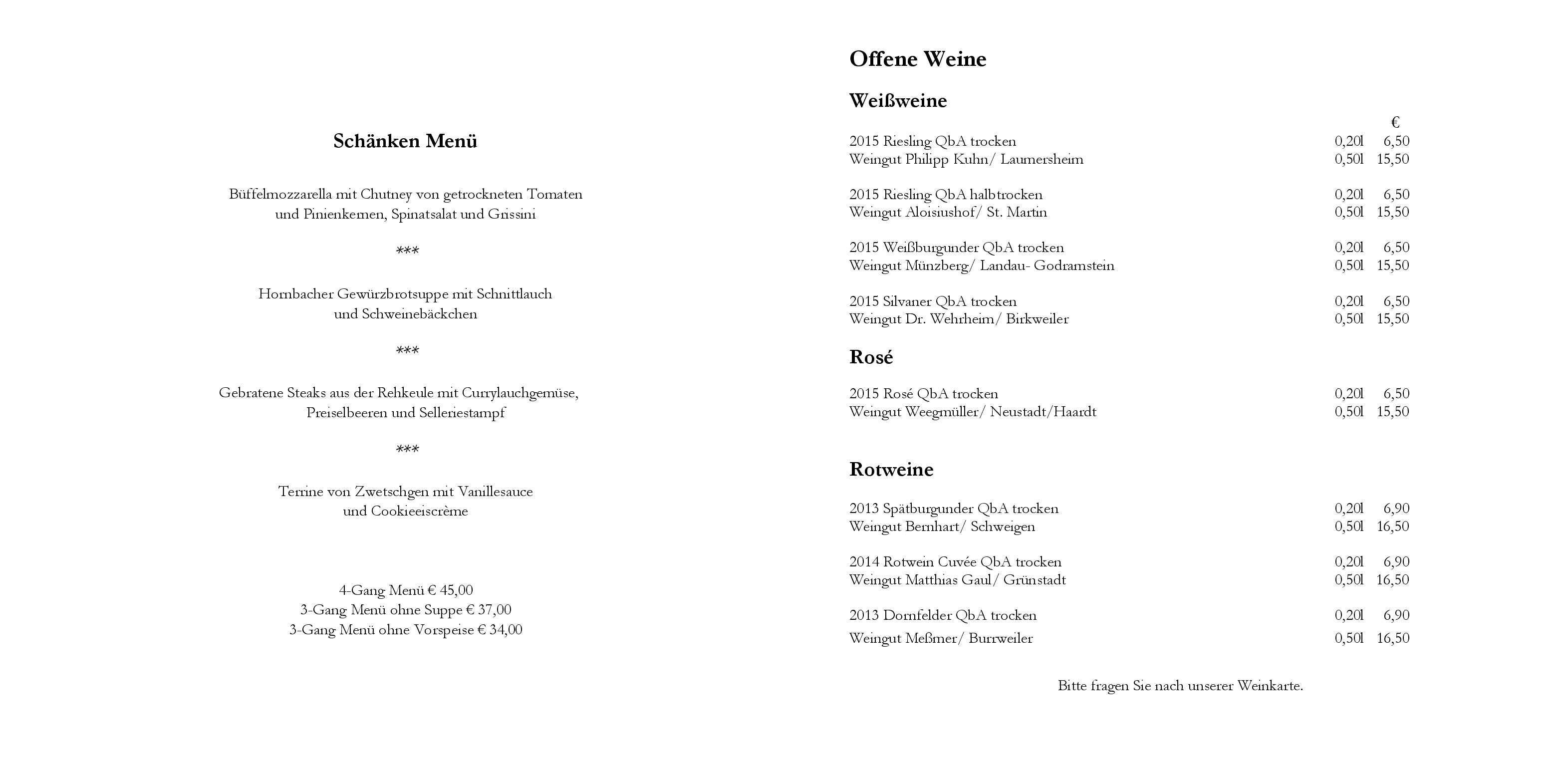 Speisekarte - Restaurant Kloster Hornbach in Hornbach - DeutschlandGourmet