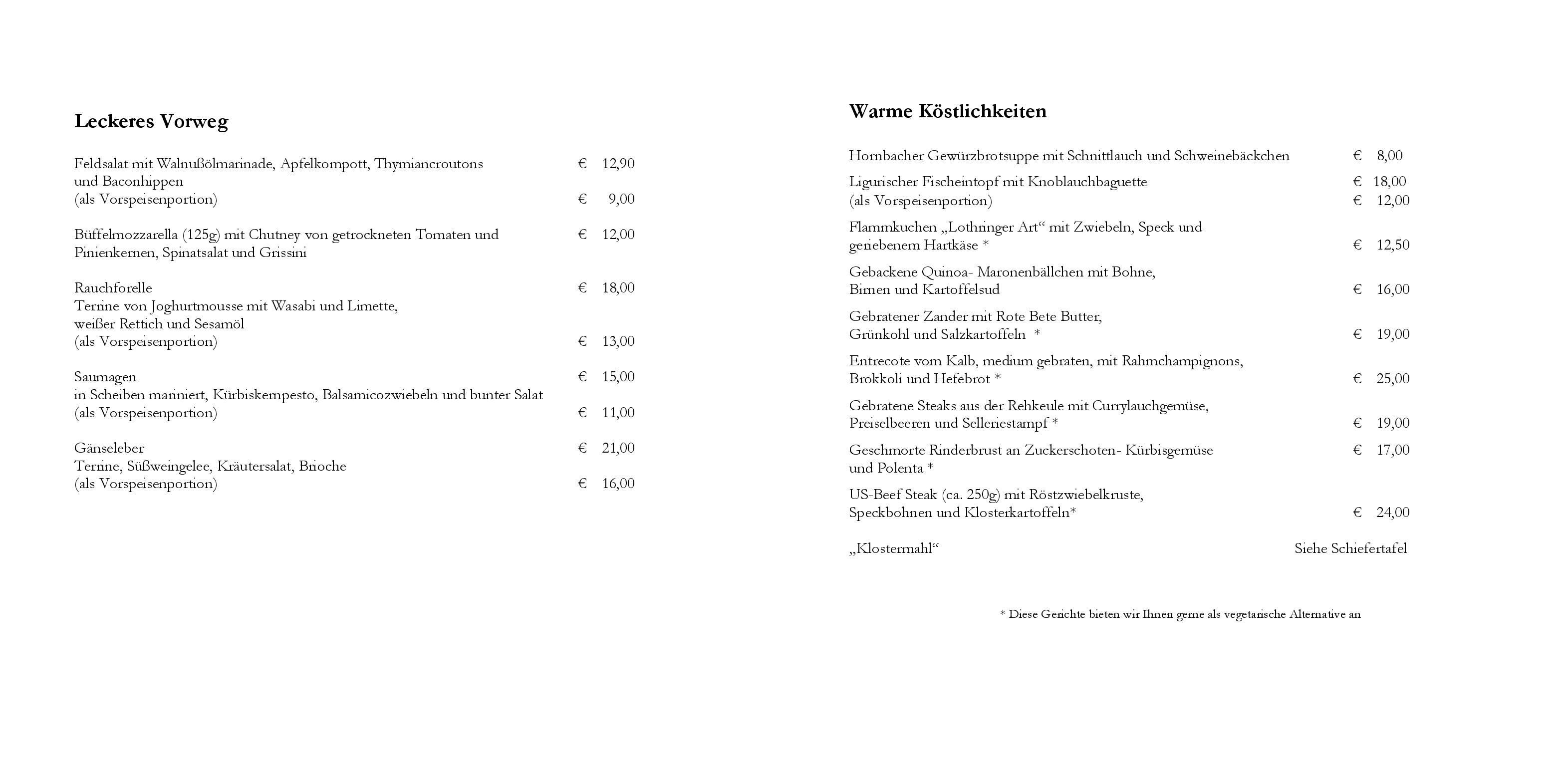 Speisekarte - Restaurant Kloster Hornbach in Hornbach - DeutschlandGourmet