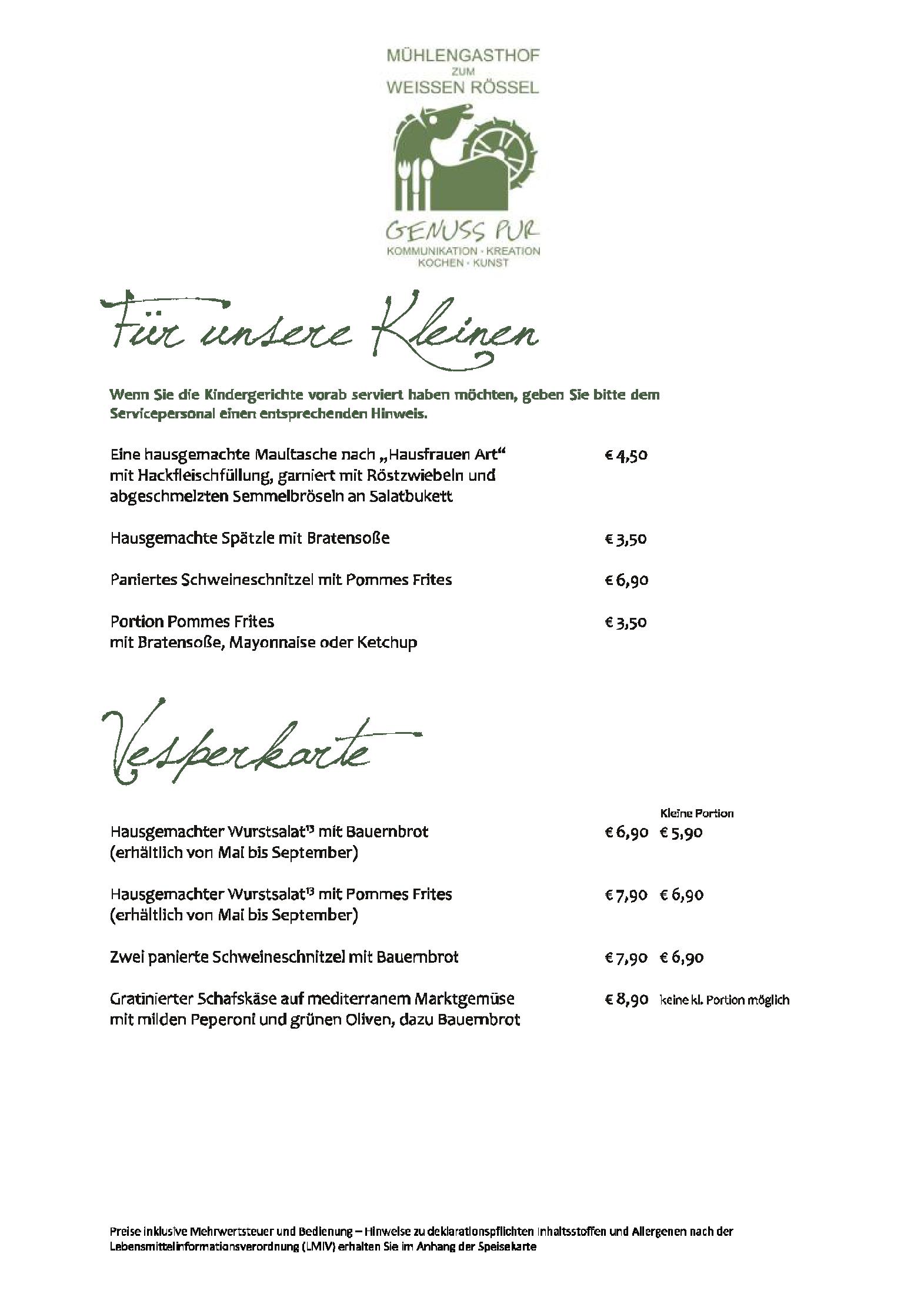 Speisekarte - Restaurant Mühlengasthof Zum Weißen Rössel in Dielheim ...