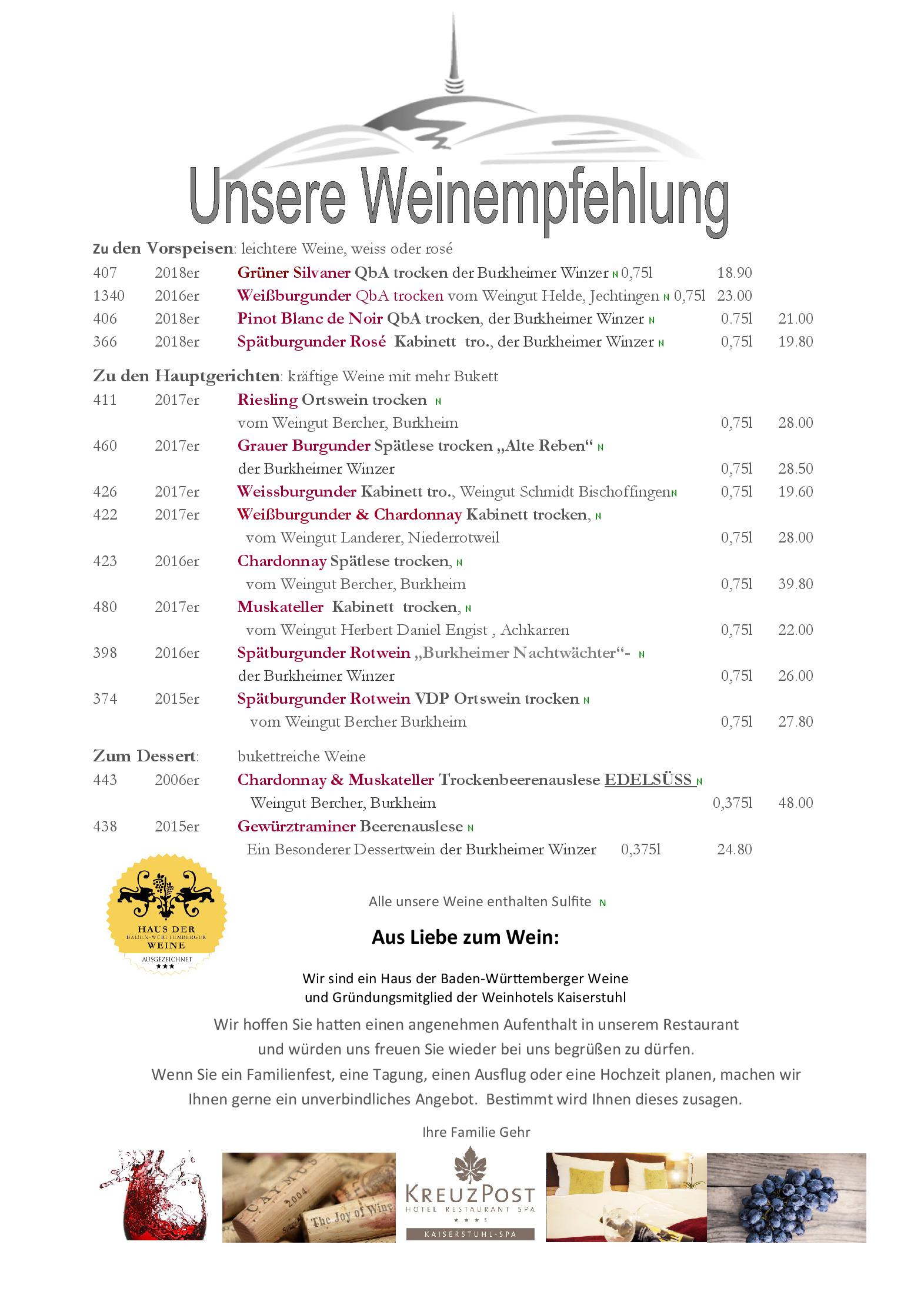 Speisekarte Kreuz Post Hotel Restaurant Spa In Vogtsburg Im Kaiserstuhl Deutschlandgourmet